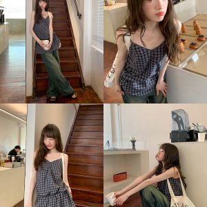 Checkered Long Camisole for Women - Strap Waist Casual Top in Summer 2025 Style, Perfect for Petite Sizes, Trendy 90s Inspired Fashion