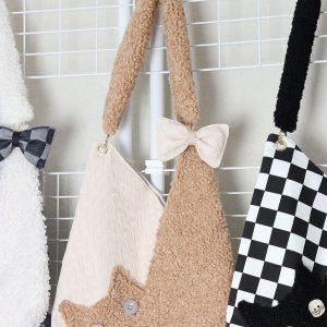 Checkered Plush Cat Shoulder Bag - Large Capacity Crossbody in Melard Forest Style - Cute Niche Design