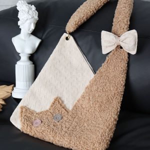 Checkered Plush Cat Shoulder Bag - Large Capacity Crossbody in Melard Forest Style - Cute Niche Design