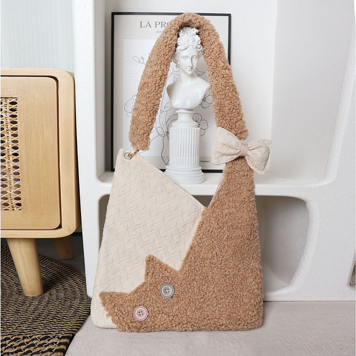 Checkered Plush Cat Shoulder Bag - Large Capacity Crossbody in Melard Forest Style - Cute Niche Design