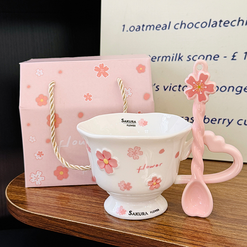 Cherry Blossom Ceramic Mug with Spoon - Aesthetic Coffee Cup for Girls, Perfect Office Gift or Valentine's Day Present