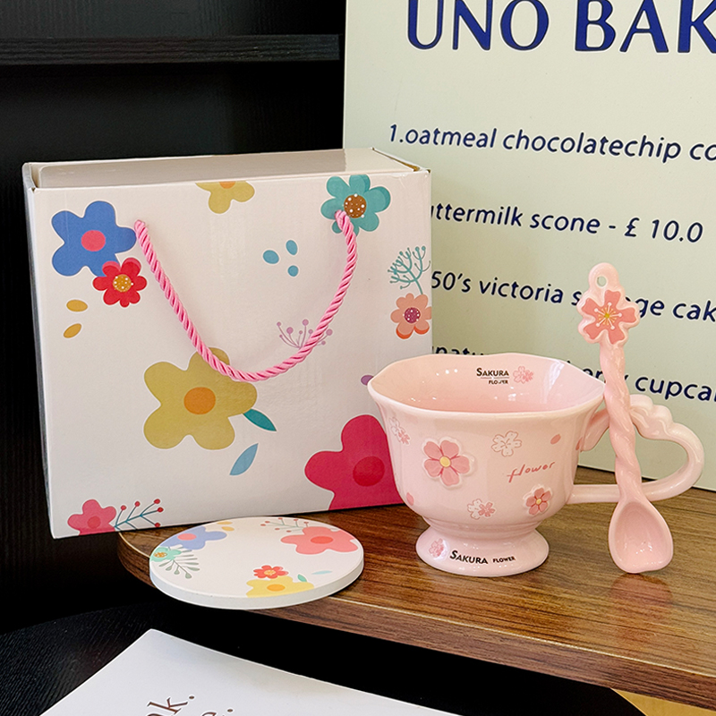 Cherry Blossom Ceramic Mug with Spoon - Aesthetic Coffee Cup for Girls, Perfect Office Gift or Valentine's Day Present