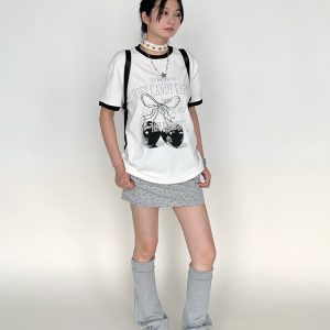 Cherry Print Color-Blocked Round Neck Loose Casual Summer Top - Gray White Multicolor Tee for Girls, Y2K Fashion Style