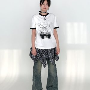 Cherry Print Color-Blocked Round Neck Loose Casual Summer Top - Gray White Multicolor Tee for Girls, Y2K Fashion Style