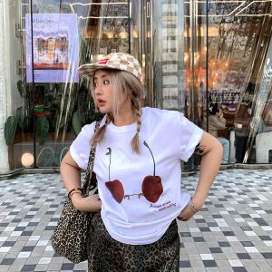Cherry Print Round Neck Short Sleeve T-Shirt for Women - Versatile Loose Slim Fit Top for Spring/Summer 2025 Fashion