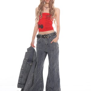 Cherry Red Summer Slim Fit Strapless Top - Vintage American Style for Women, Perfect for 90s and Y2K Fashion