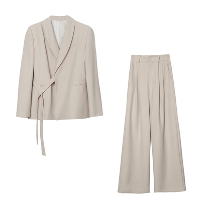 Chic Belted Suit Jacket and Wide-Leg Pants Two-Piece Set for Women - Spring Autumn Casual Outfit Trend