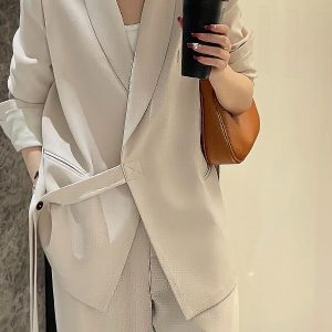 Chic Belted Suit Jacket and Wide-Leg Pants Two-Piece Set for Women - Spring Autumn Casual Outfit Trend