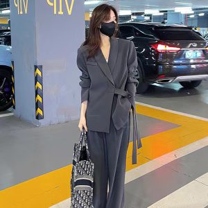 Chic Belted Suit Jacket and Wide-Leg Pants Two-Piece Set for Women - Spring Autumn Casual Outfit Trend