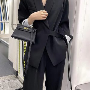 Chic Belted Suit Jacket and Wide-Leg Pants Two-Piece Set for Women - Spring Autumn Casual Outfit Trend