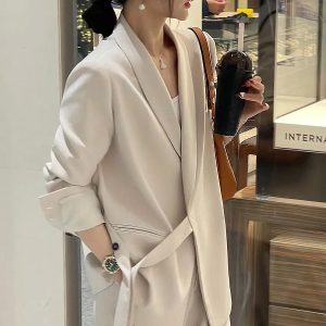 Chic Belted Suit Jacket and Wide-Leg Pants Two-Piece Set for Women - Spring Autumn Casual Outfit Trend