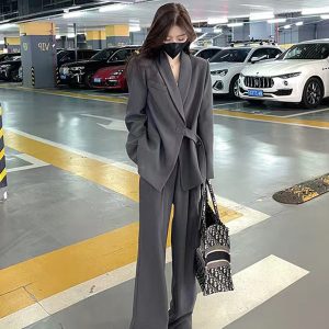 Chic Belted Suit Jacket and Wide-Leg Pants Two-Piece Set for Women - Spring Autumn Casual Outfit Trend