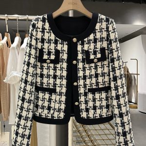 Chic Black and White Check Short Coat for Women - Stylish Blazer for Autumn and Winter 2024 Fashion