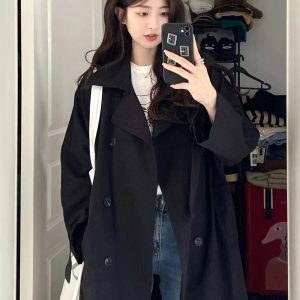 Chic Black Mid-Length Trench Coat for Women, 2024 British Style, Trendy Petite Fashion Outerwear