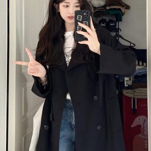 Chic Black Mid-Length Trench Coat for Women, 2024 British Style, Trendy Petite Fashion Outerwear