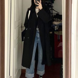 Chic Black Mid-Length Trench Coat for Women, 2024 British Style, Trendy Petite Fashion Outerwear