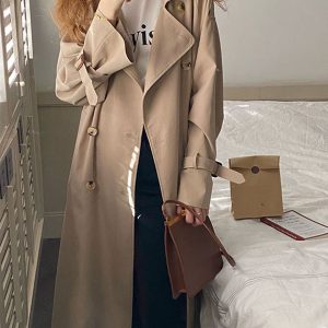 Chic Black Mid-Length Trench Coat for Women, 2024 British Style, Trendy Petite Fashion Outerwear