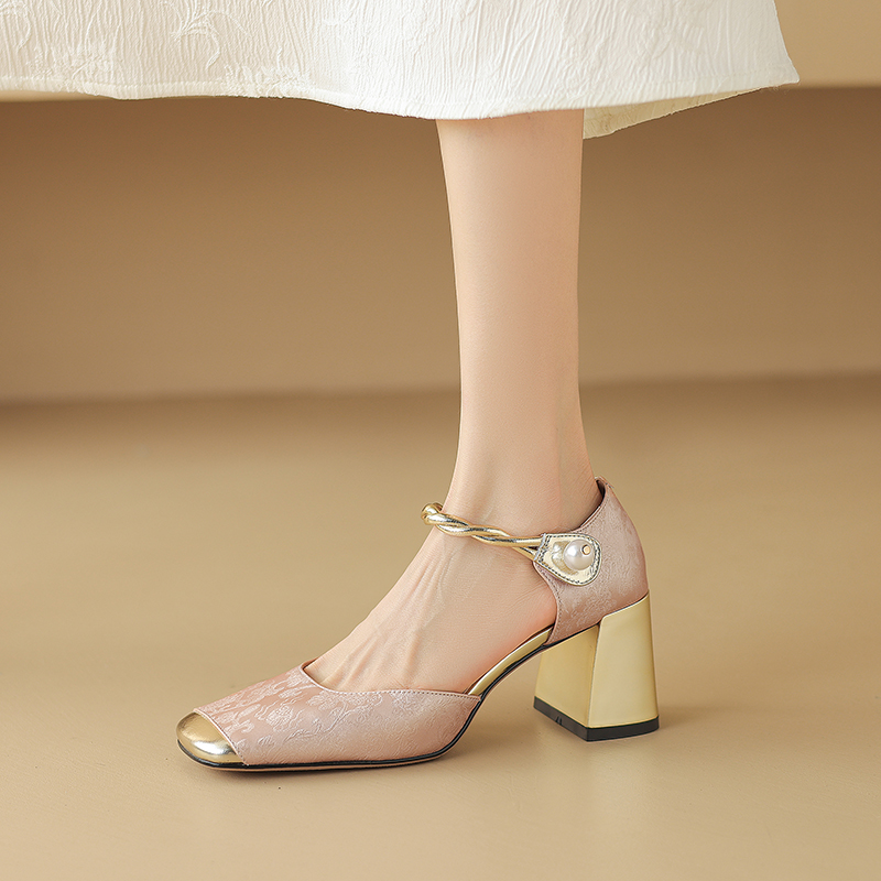 Chic Genuine Leather Square-Toe Mesh Mary Jane Shoes for Women, Spring 2023 Style with Pearl Chunky Heel