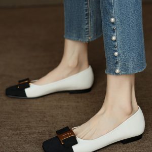 Chic Italian Color-Block Square-Toe Flats - Women's Shallow Mouth Shoes in Chanel Style, Perfect for Everyday Wear