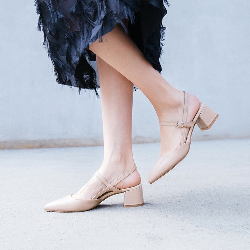 Chic Korean Style Genuine Leather Mid-Heel Sandals for Bridesmaids - Chunky Heel, Pointed Toe, Slimming Design for Spring/Summer