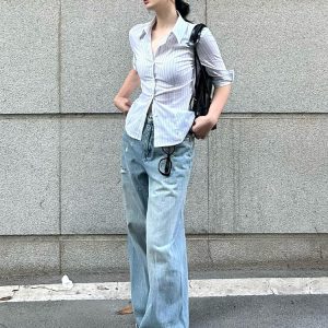 Chic Retro Hong Kong Style Color-Blocked Striped Short Sleeve Shirt for Women - Waist-Cinching Slim Fit Summer Top