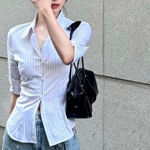 Chic Retro Hong Kong Style Color-Blocked Striped Short Sleeve Shirt for Women - Waist-Cinching Slim Fit Summer Top