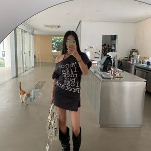 Chic Slanted Shoulder T-Shirt Dress in Deep Gray - Versatile 2-in-1 Style for Effortless Y2K Fashion