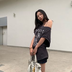 Chic Slanted Shoulder T-Shirt Dress in Deep Gray - Versatile 2-in-1 Style for Effortless Y2K Fashion