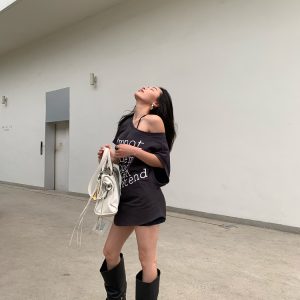 Chic Slanted Shoulder T-Shirt Dress in Deep Gray - Versatile 2-in-1 Style for Effortless Y2K Fashion