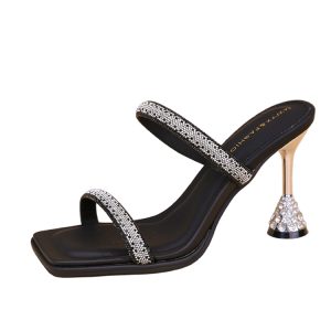 Chic Summer High-Heeled Sandals for Women, Rhinestone One-Strap Design, Backless Slip-On Cool Slippers, Trendy Footwear