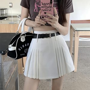 Chic White Plus Size High-Waisted Pleated Half Skirt for Women, Summer A-Line College Style Short Skirt