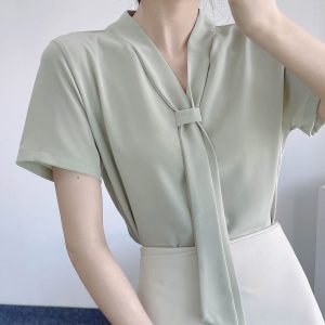 Chiffon Short-Sleeve V-Neck Top with Flowing Ribbons, Elegant Wrinkle-Resistant Summer Shirt for Women, OL Commuting Style 2025