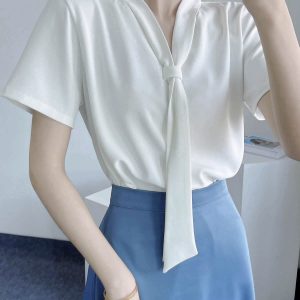 Chiffon Short-Sleeve V-Neck Top with Flowing Ribbons, Elegant Wrinkle-Resistant Summer Shirt for Women, OL Commuting Style 2025