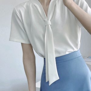 Chiffon Short-Sleeve V-Neck Top with Flowing Ribbons, Elegant Wrinkle-Resistant Summer Shirt for Women, OL Commuting Style 2025