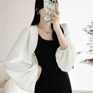 Chiffon Sun Protection Shawl Top for Women, Lantern Sleeves, Beaded Tassel, Versatile Slimming Outerwear for Spring & Summer