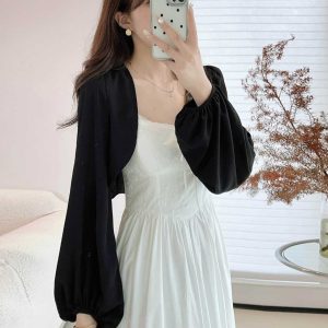 Chiffon Sun Protection Shawl Top for Women, Lantern Sleeves, Beaded Tassel, Versatile Slimming Outerwear for Spring & Summer