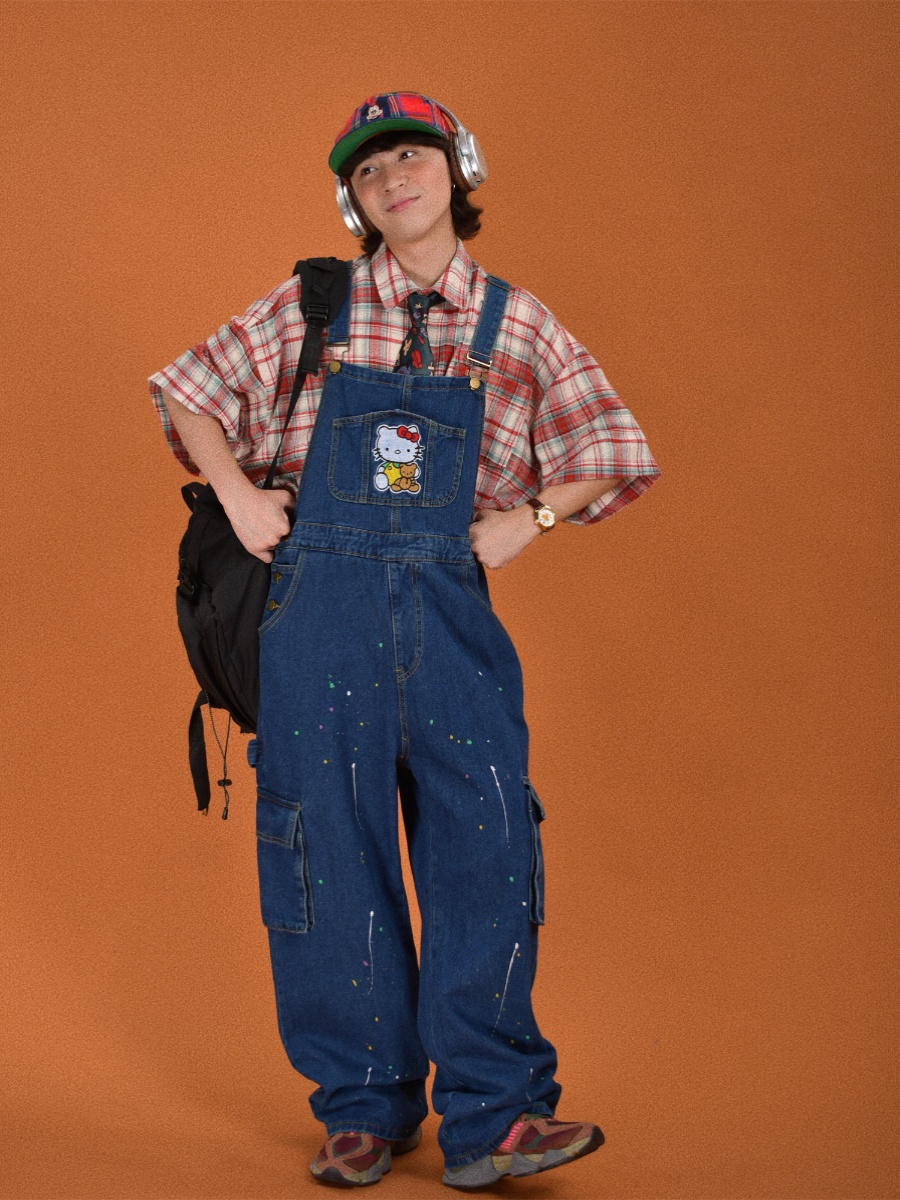 Childlike Retro Workwear Pocket Suspender Pants - Vintage Splash Paint Denim Floor-Length Trousers for Couples, Y2K Trend Childlike Retro Workwear Pocket Suspender Pants - Vintage Splash Paint Denim Floor-Length Trousers for Couples, Y2K Trend