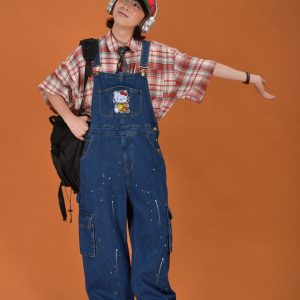 Childlike Retro Workwear Pocket Suspender Pants - Vintage Splash Paint Denim Floor-Length Trousers for Couples, Y2K Trend