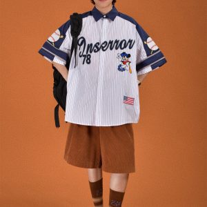 Childlike Striped Cartoon Embroidered Short Sleeve Shirt - Loose Fit Retro American Sports Style