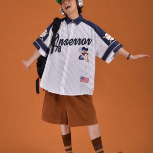 Childlike Striped Cartoon Embroidered Short Sleeve Shirt - Loose Fit Retro American Sports Style