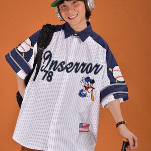 Childlike Striped Cartoon Embroidered Short Sleeve Shirt - Loose Fit Retro American Sports Style