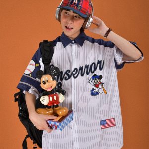 Childlike Striped Cartoon Embroidered Short Sleeve Shirt - Loose Fit Retro American Sports Style