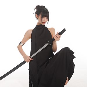 Chinese Style Dark Satin Halter Backless Vest and Mermaid Skirt Set - Slimming Elegant Outfit for Y2K and 90s Fashion