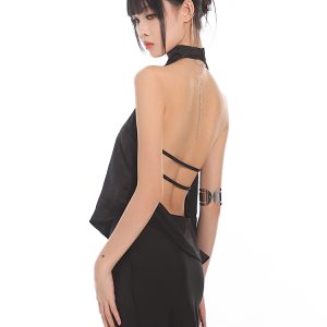 Chinese Style Dark Satin Halter Backless Vest and Mermaid Skirt Set - Slimming Elegant Outfit for Y2K and 90s Fashion