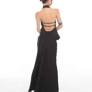 Chinese Style Dark Satin Halter Backless Vest and Mermaid Skirt Set - Slimming Elegant Outfit for Y2K and 90s Fashion
