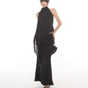 Chinese Style Dark Satin Halter Backless Vest and Mermaid Skirt Set - Slimming Elegant Outfit for Y2K and 90s Fashion