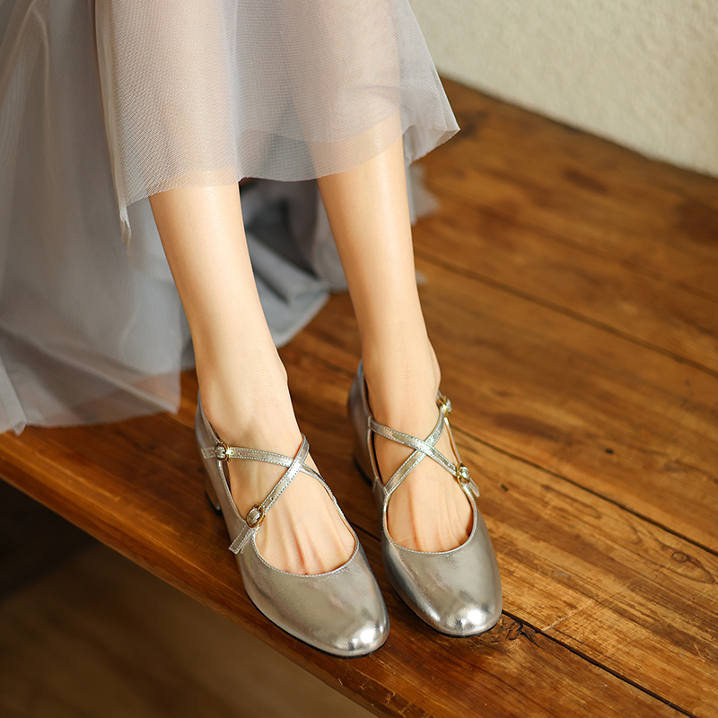 Chinese Style Genuine Leather Cross Strap Mid-Heel Mary Jane Shoes for Women - Elegant Spring Fashion Footwear