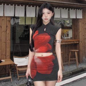 Chinese Style Qipao Collar Button Short Top and Pants Set - Three-Dimensional Printed Summer Outfit for a Chic Look