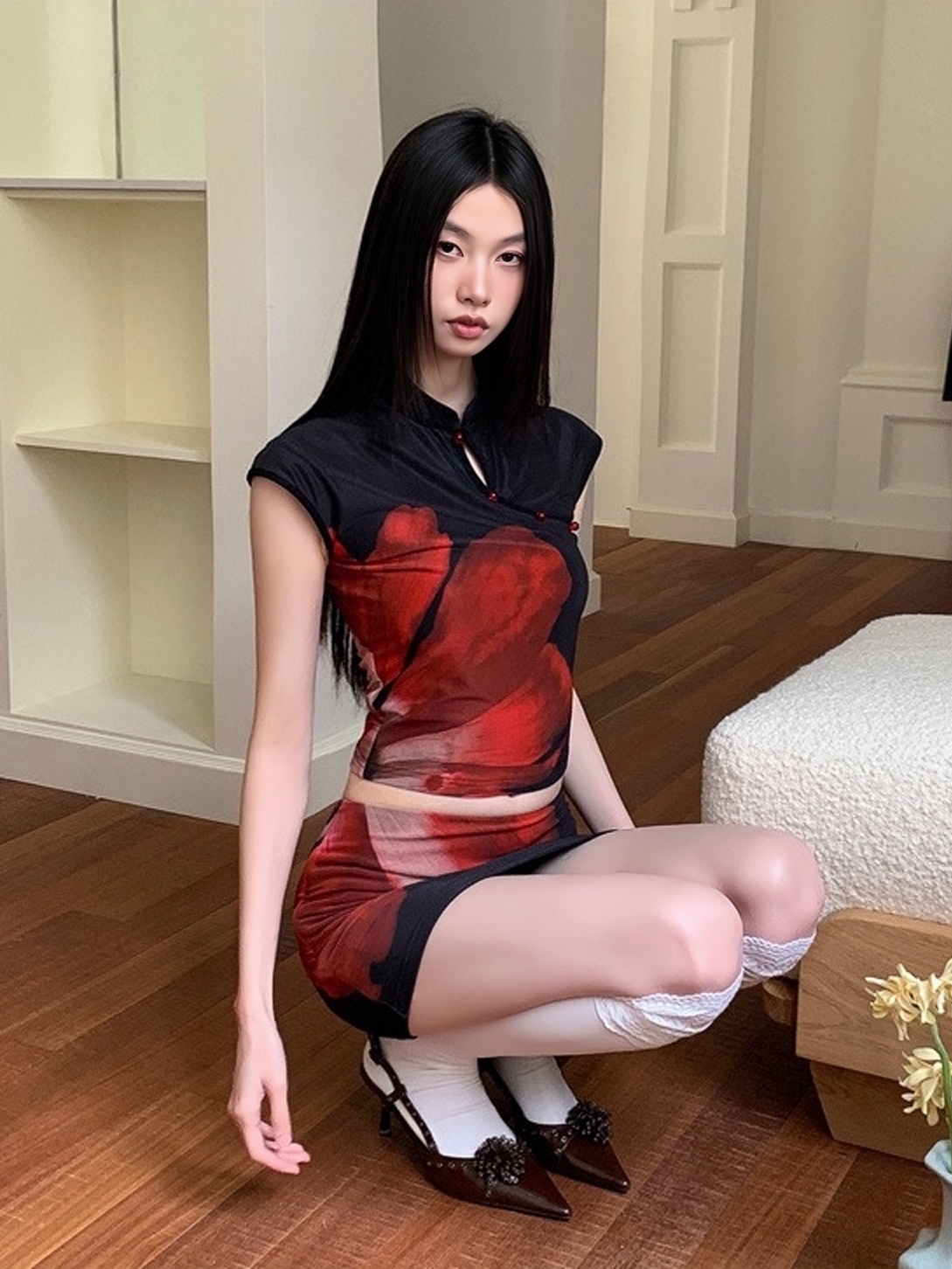Chinese Style Qipao Collar Button Short Top and Pants Set - Three-Dimensional Printed Summer Outfit for a Chic Look Chinese Style Qipao Collar Button Short Top and Pants Set - Three-Dimensional Printed Summer Outfit for a Chic Look