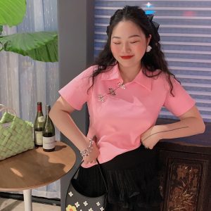 Chinese-Style Retro Short Sleeve T-Shirt for Women, Plus Size Polo Top, Spring Summer National Design, Vintage Aesthetic